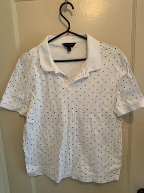 Banana Republic Luxe Touch White Cotton Polo with Navy Micro Design SZ Medium